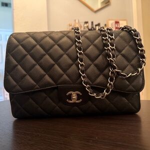 CHANEL Jumbo Single Flap Bag – Black Caviar Leather Quilted with Silver Hardware